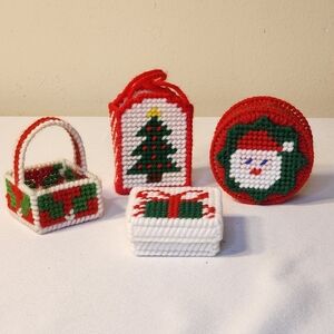 4 Vintage Handmade Canvas plastic needlepoint yarn Christmas Gift Giving Boxes